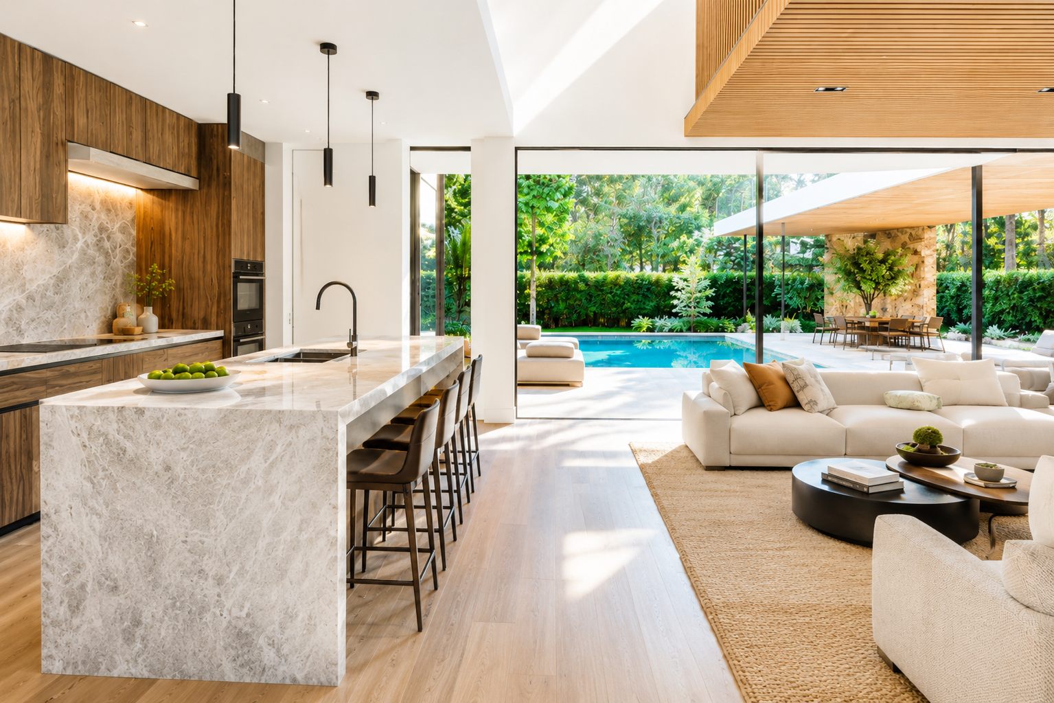 Light-filled designer kitchen and living area opening to a pool terrace