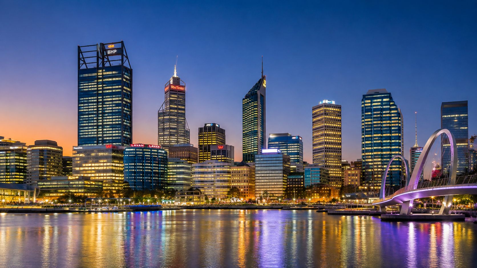 Perth city skyline across the Swan River at dusk