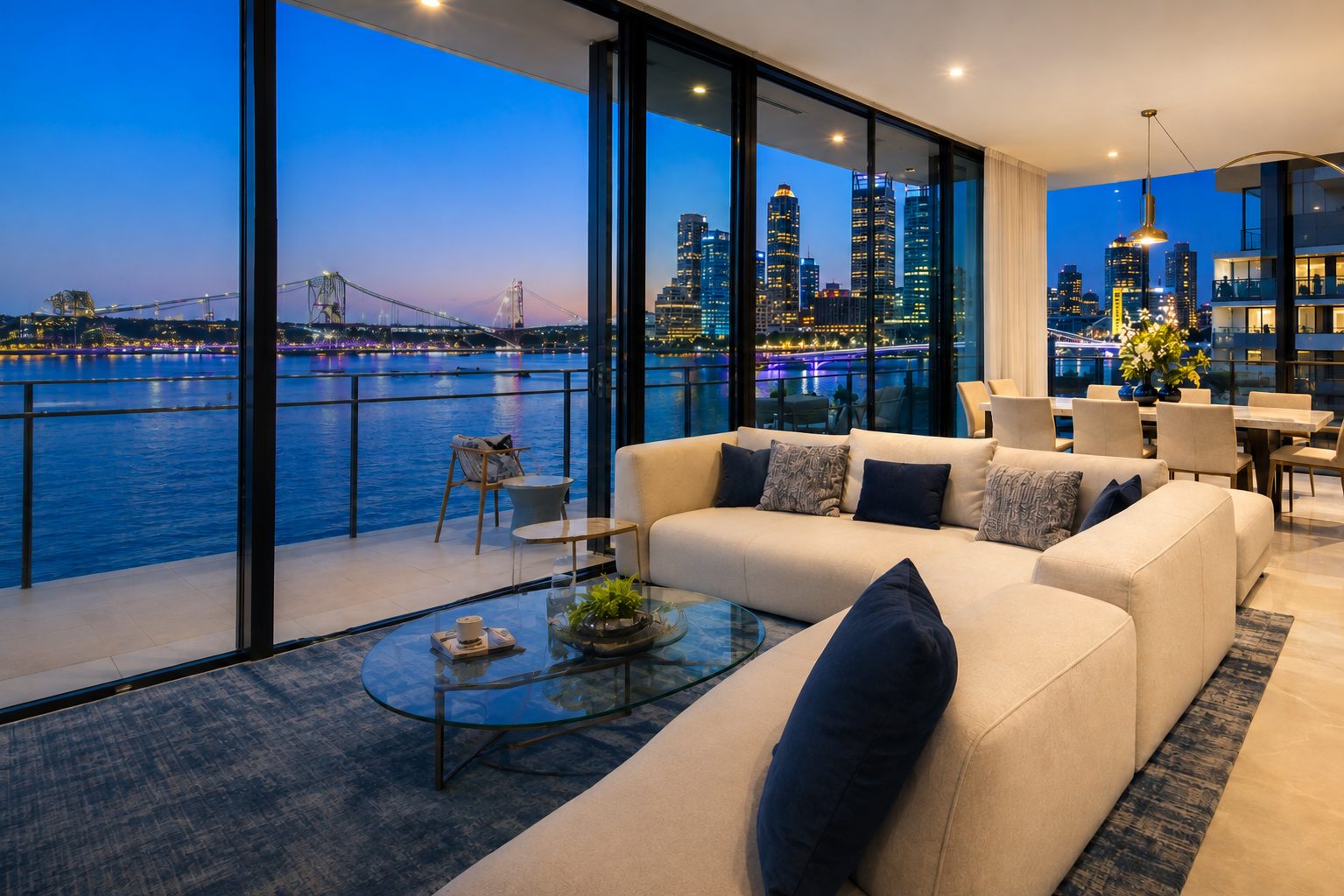 Riverfront apartment living room with floor-to-ceiling views of Perth city at dusk