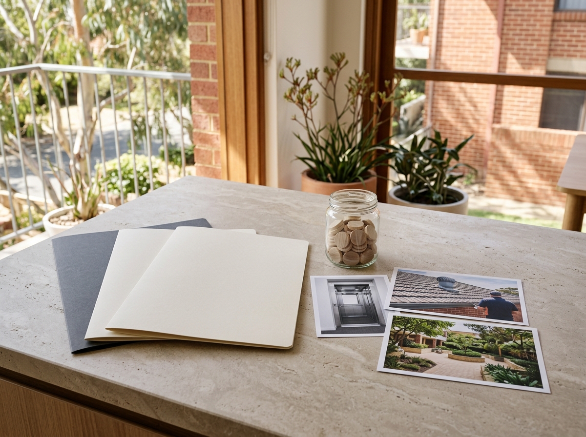 Editorial tabletop still life for strata financial due diligence: three entirely plain closed charcoal and ivory folders, one small unmarked reserve jar containing blank wooden counters, and unbranded maintenance photo cards showing a lift, roof and courtyard. No loose paper, coins, currency, calculator, printed marks, labels or symbols.