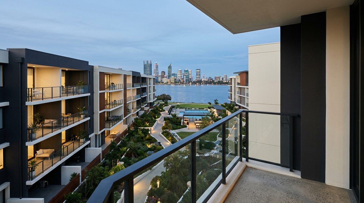 Exterior high-angle view from an unoccupied private balcony over a contemporary South Perth apartment complex, showing neighbouring balconies, shared landscaped courtyard and the Perth skyline across the Swan River at blue hour. No people or interior glass doors. The visual story shows the individual apartment within its wider strata scheme.