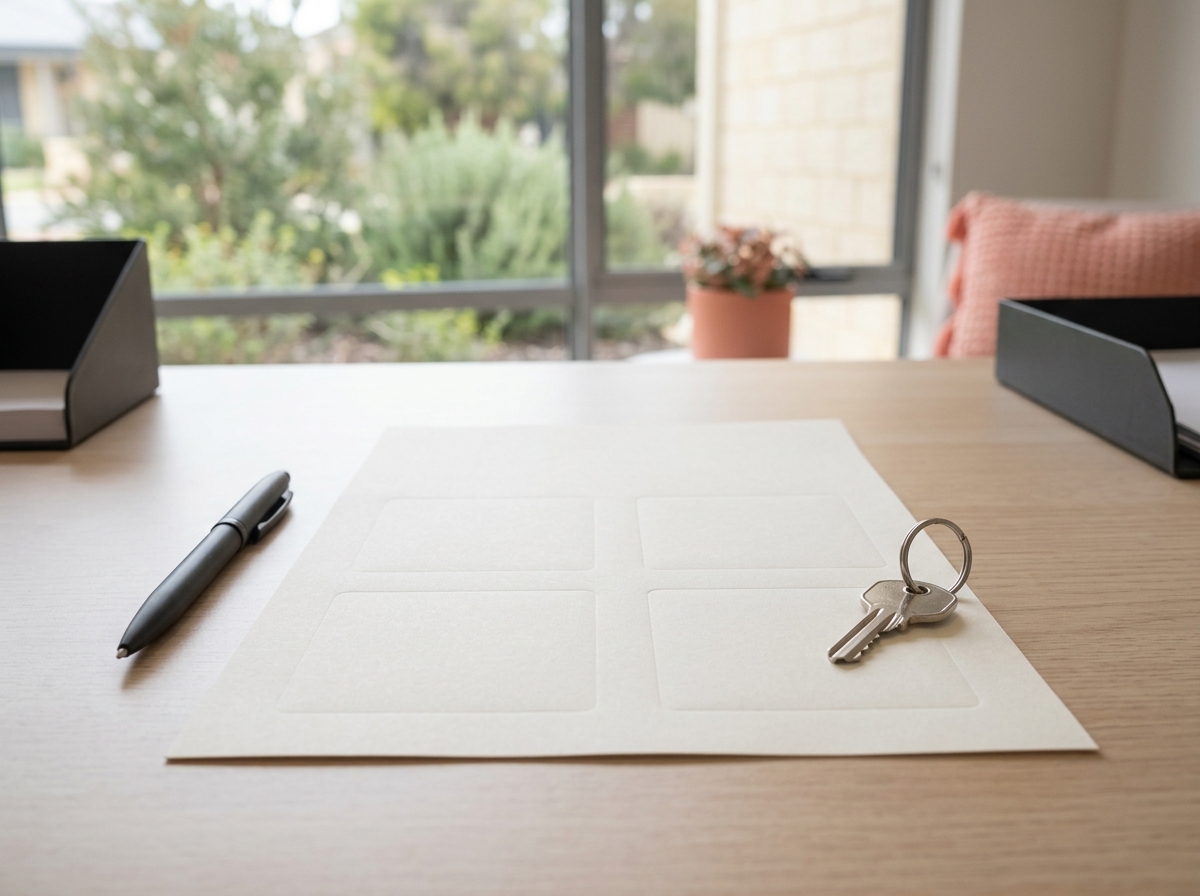 Pen beside a deliberately blank finance-condition form with four empty raised paper areas and a house key, staged on a clean desk. Absolutely no lines, tick marks, labels, letters, numbers, bank marks or signature; no hands.