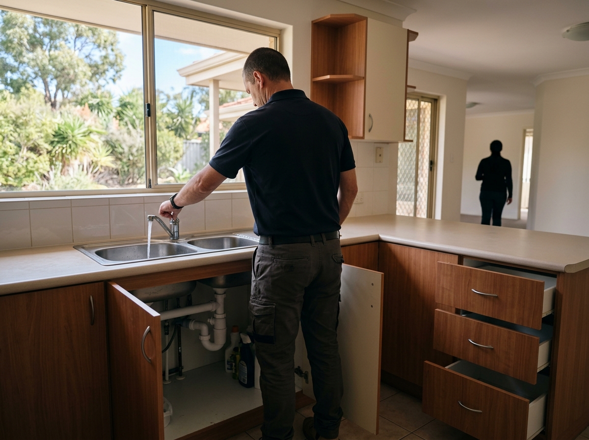 Anonymous inspector seen entirely from behind, with head turned away and face invisible, safely testing a kitchen tap with one clearly visible natural hand in a vacant Perth home; open cabinet doors and a separate buyer silhouette in deep background, also facing away. No extra limbs, visible device screens, notes, text or branding.