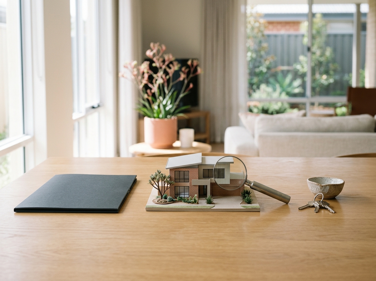 Three-stage tabletop property process with no people: completely closed plain finance folder on the left, an unbranded analogue flashlight and smooth magnifying glass examining a house model in the centre, and house keys on the right. Natural left-to-right sequence only; no electronic tool, display, buttons, pen, arrows, clock, labels, numbers or glyphs.
