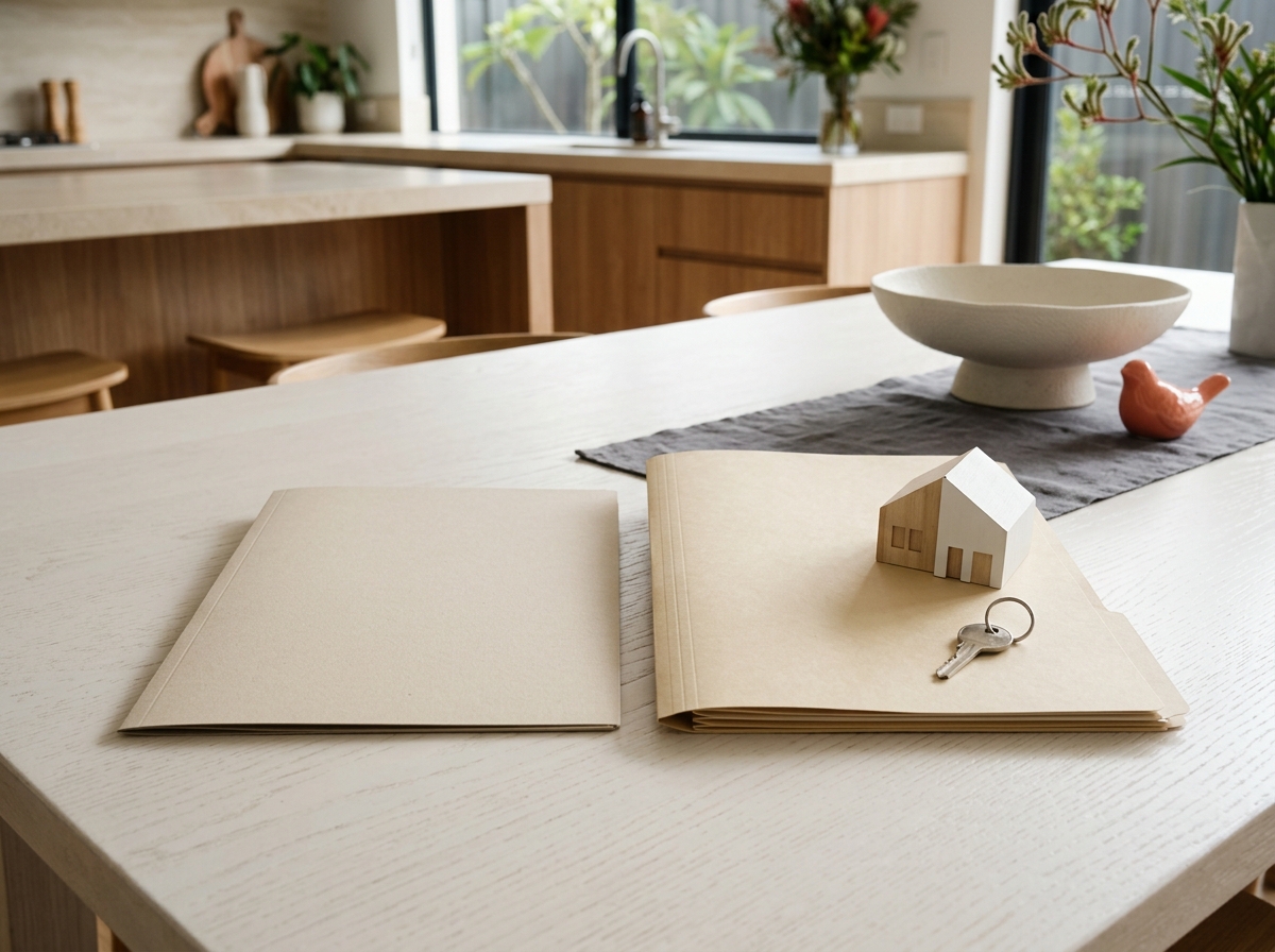 Clean overhead comparison on an ivory table: two plain unmarked document folders side by side, the left folder slim and closed, the right folder visibly thicker and paired with a small unmarked house model and key. No people, background lifestyle scene, photos, labels, symbols, text, numbers, logos or markings.