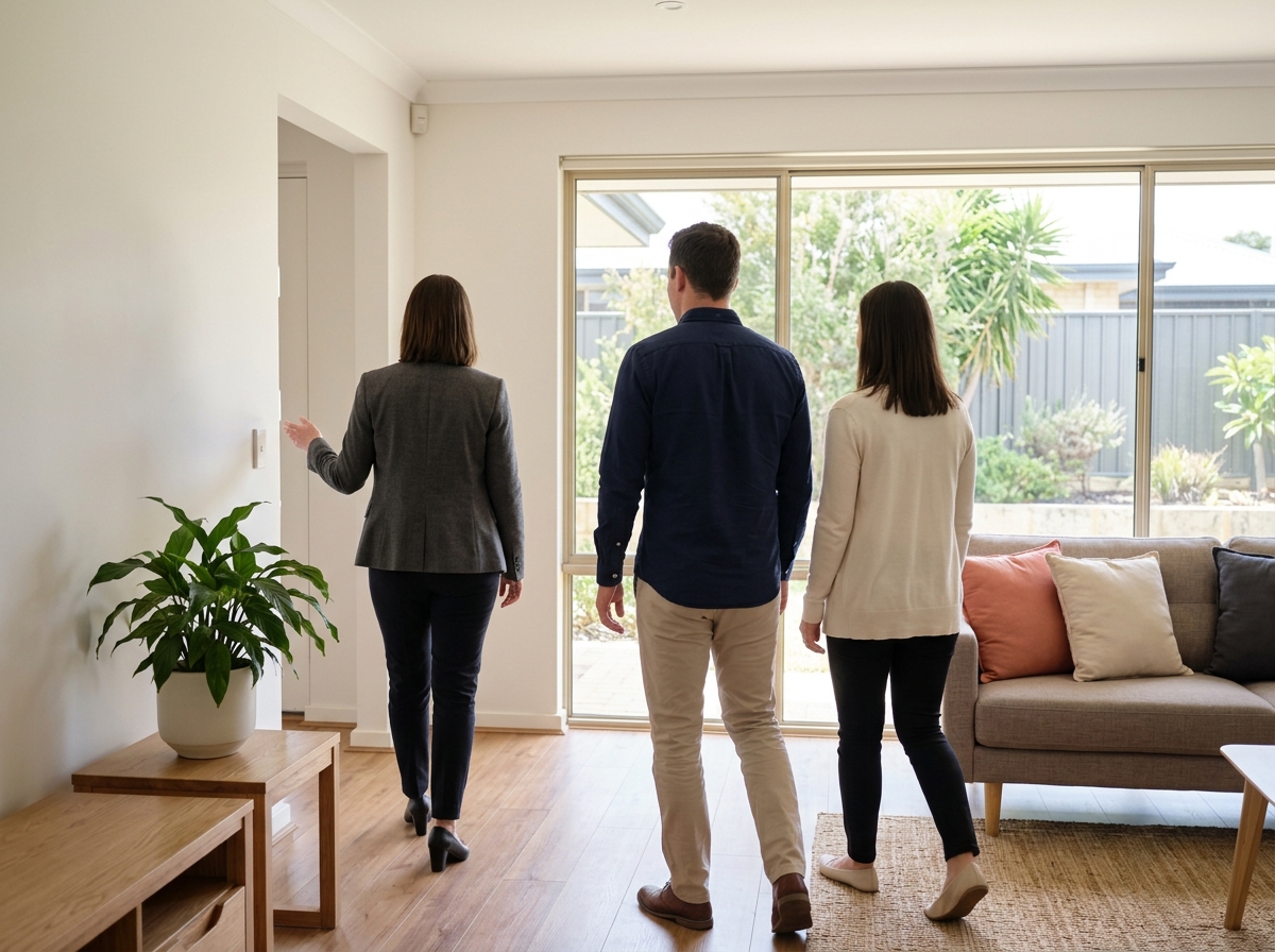 Contextual 4:3 rear-view scene of one small scheduled buyer inspection in an occupied Perth living room. Exactly three adults walk away from camera along a clear path; all are shown from behind at a distance, with faces and profiles completely invisible. Calm respectful spacing and simple plain cushions and plant show occupancy. No other people, books, shelves, calendars, photos, screens, signs, text or branding.