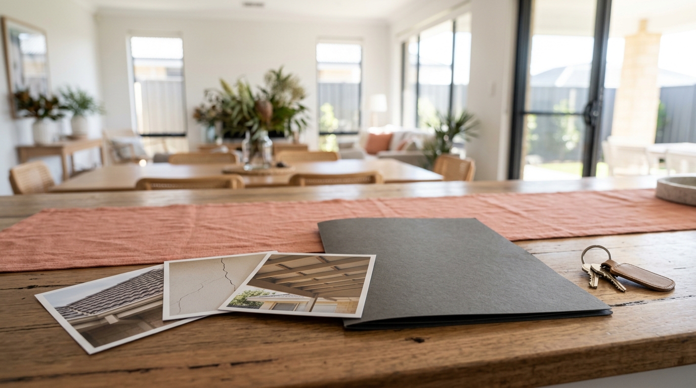 Wide 16:9 Perth seller-disclosure still life with no people: completely closed plain home-condition folder beside three unmarked repair photo cards showing roof, wall and patio details, plus house keys, with a bright Australian home interior beyond. No open paper, text, labels, numbers, private photos, branding or faces.