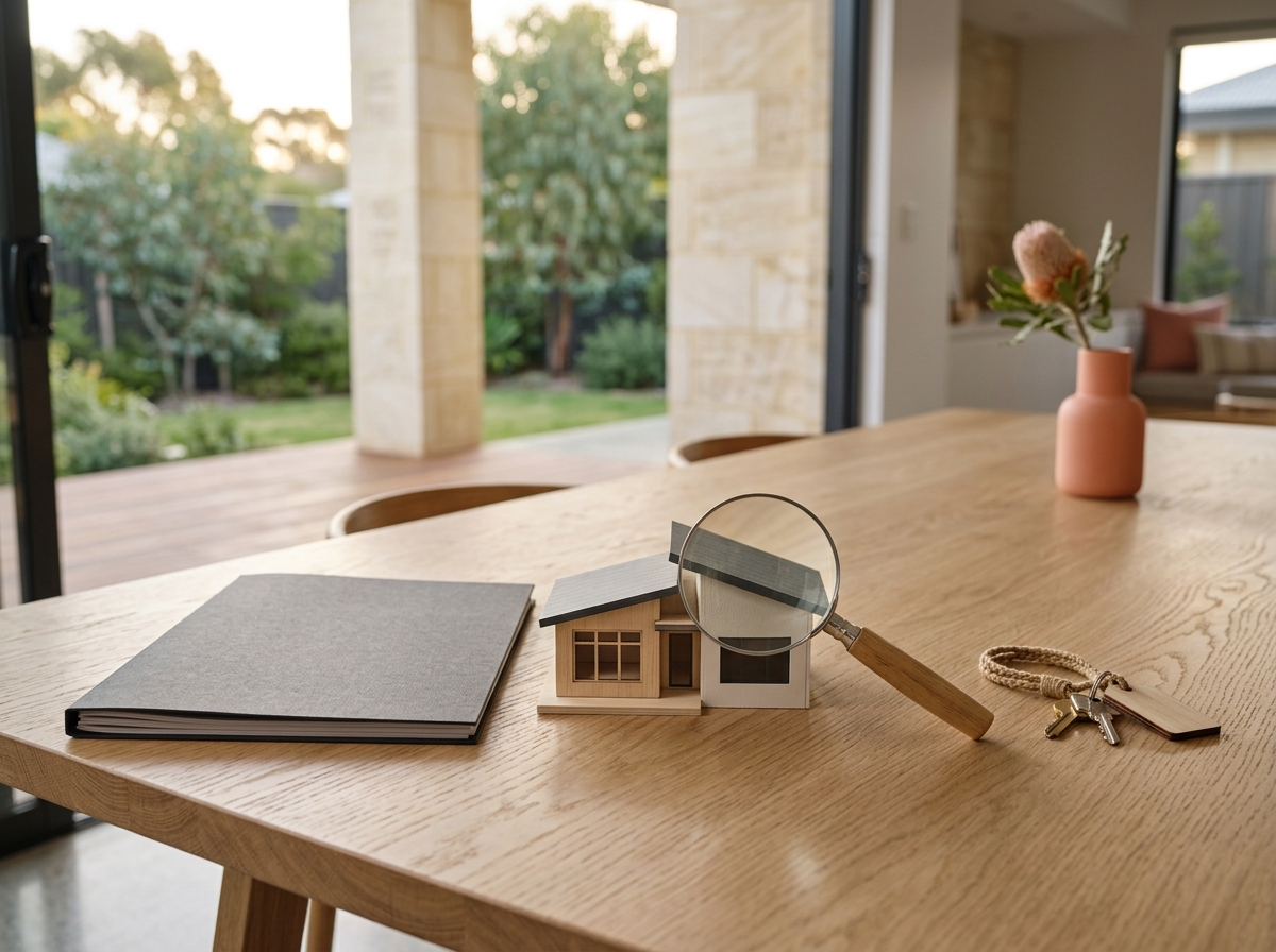 Three-stage tabletop arrangement for property contract conditions with no people: a completely closed plain finance folder beside a small unmarked house model, a simple magnifying glass inspecting the model exterior, and a final set of keys. Distinction comes from spatial grouping and objects only. No electronic devices, papers, pen, arrows, labels, numbers or glyphs.