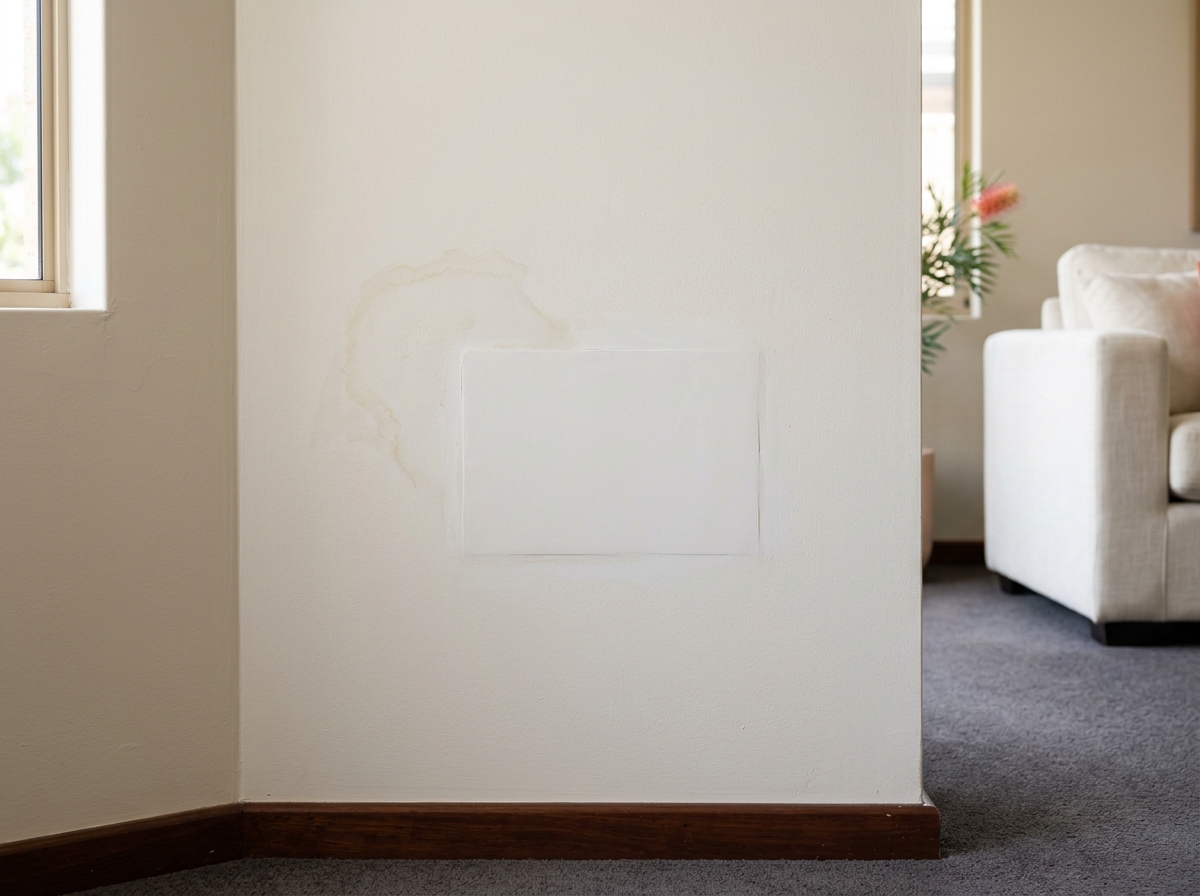 Close editorial photograph of a completed wall repair in an Australian home: a smooth rectangular fresh-plaster and primer patch with feathered edges, completely intact with no crack, gap, split, hole or bubbling paint, beside a faint dry historic beige water stain that remains relevant to disclose. No people, hands, tools, labels, text or active dampness.