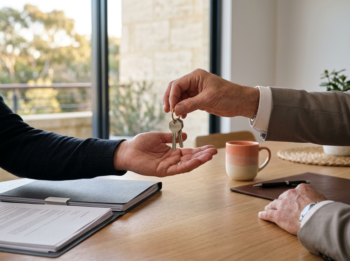 Close view of one anonymous professional hand passing a realistic house key set across a tidy unbranded desk to a buyer hand after blank documents have been put aside. Natural hands, understated moment, no portraits, celebrations, labels or visible paperwork content.