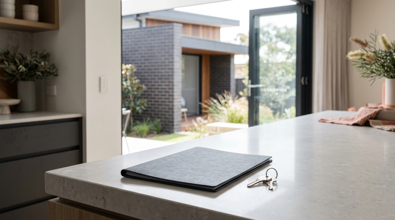 House keys resting beside a completely blank closed contract folder on a pale stone kitchen bench, with a contemporary Perth home softly visible through an open doorway beyond. Calm natural light, strong leading line from documents to property, no people.