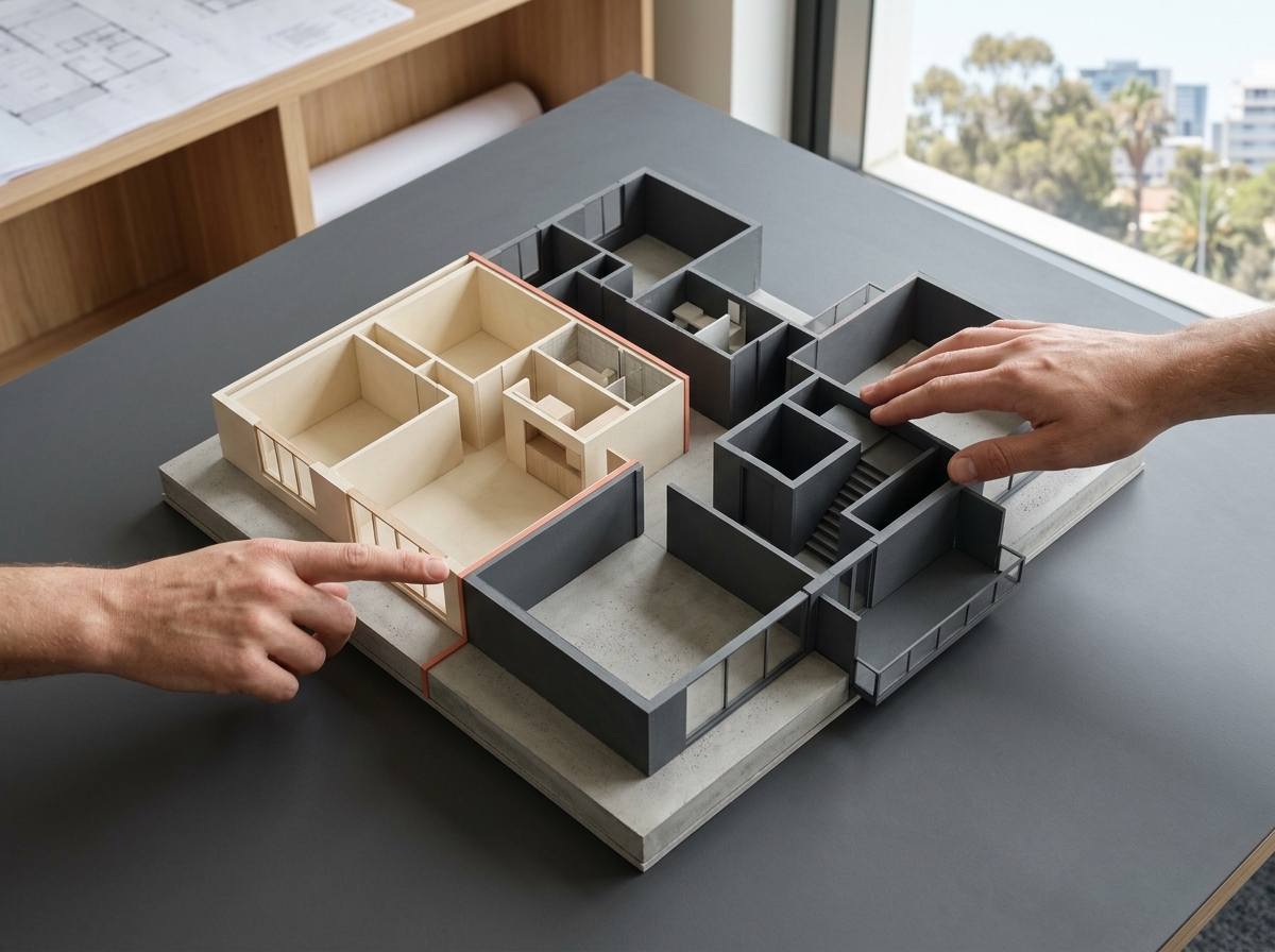 Overhead editorial photograph of a precise physical architectural cutaway model of a Perth apartment floor: one private apartment volume finished in warm ivory, while surrounding shared corridor, stair core and balcony access are finished in charcoal with one subtle coral boundary strip. Two anonymous natural hands compare the model components. No paper, plan sheet, symbols, labels or markings.