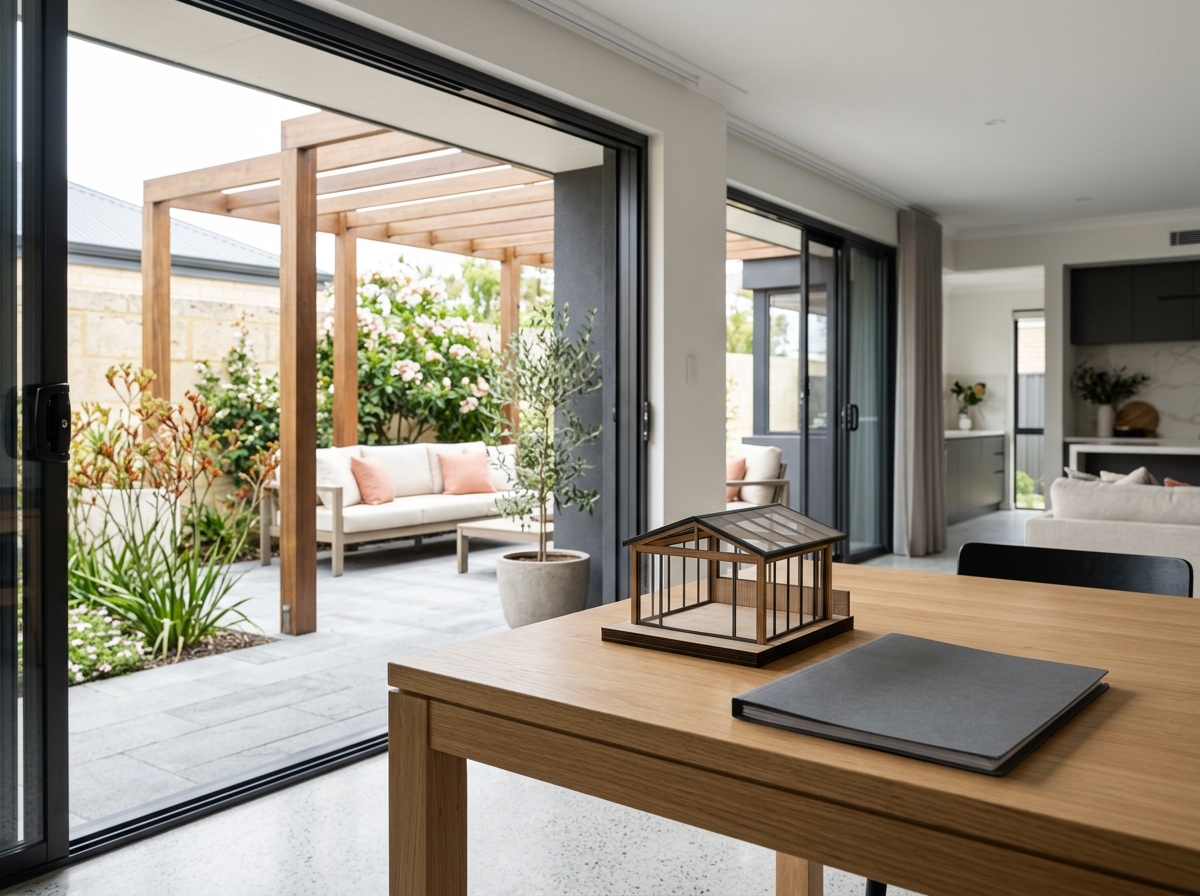 Recently renovated Perth patio visible through an open door, with a completely closed plain approval folder and a small clean architectural patio model on the foreground table. No tape measure, tools, paper, text, numbers, stamps, logos, labels or people. Realistic construction and safe crop.