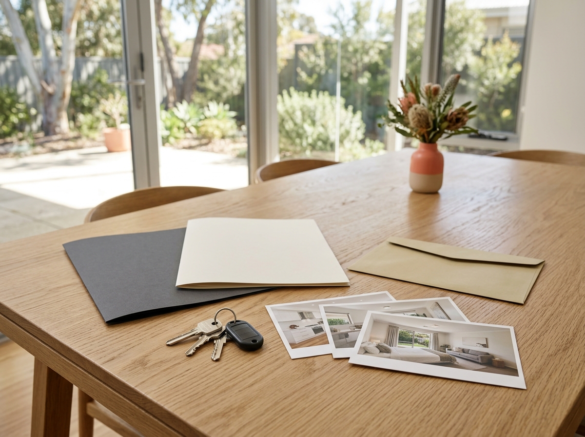 Organised tenancy-sale still life with no people: two completely closed plain folders, realistic property keys, three unmarked property-condition photo cards showing only rooms, and a blank sealed maintenance envelope. No open binder, forms, receipts, printed lines, text, numbers, labels, logos, addresses or private data.