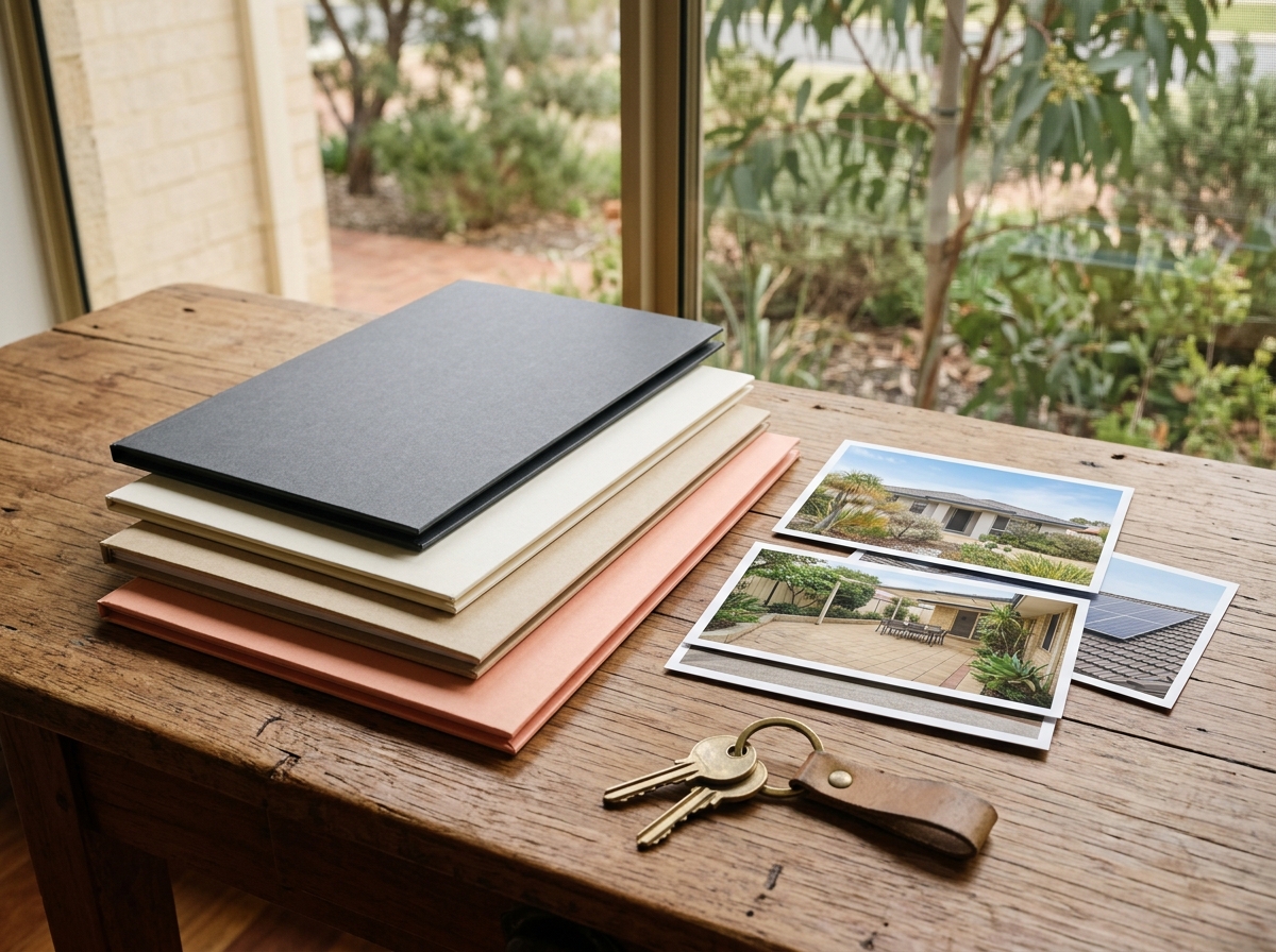 Neat seller document pack with no people: four completely closed, plain unmarked folders of different thicknesses, three unmarked photo cards showing a Perth home exterior, patio and roof, and realistic house keys on a timber table. No open documents, plans, invoices, text, numbers, stamps, signatures, lines, logos or addresses.