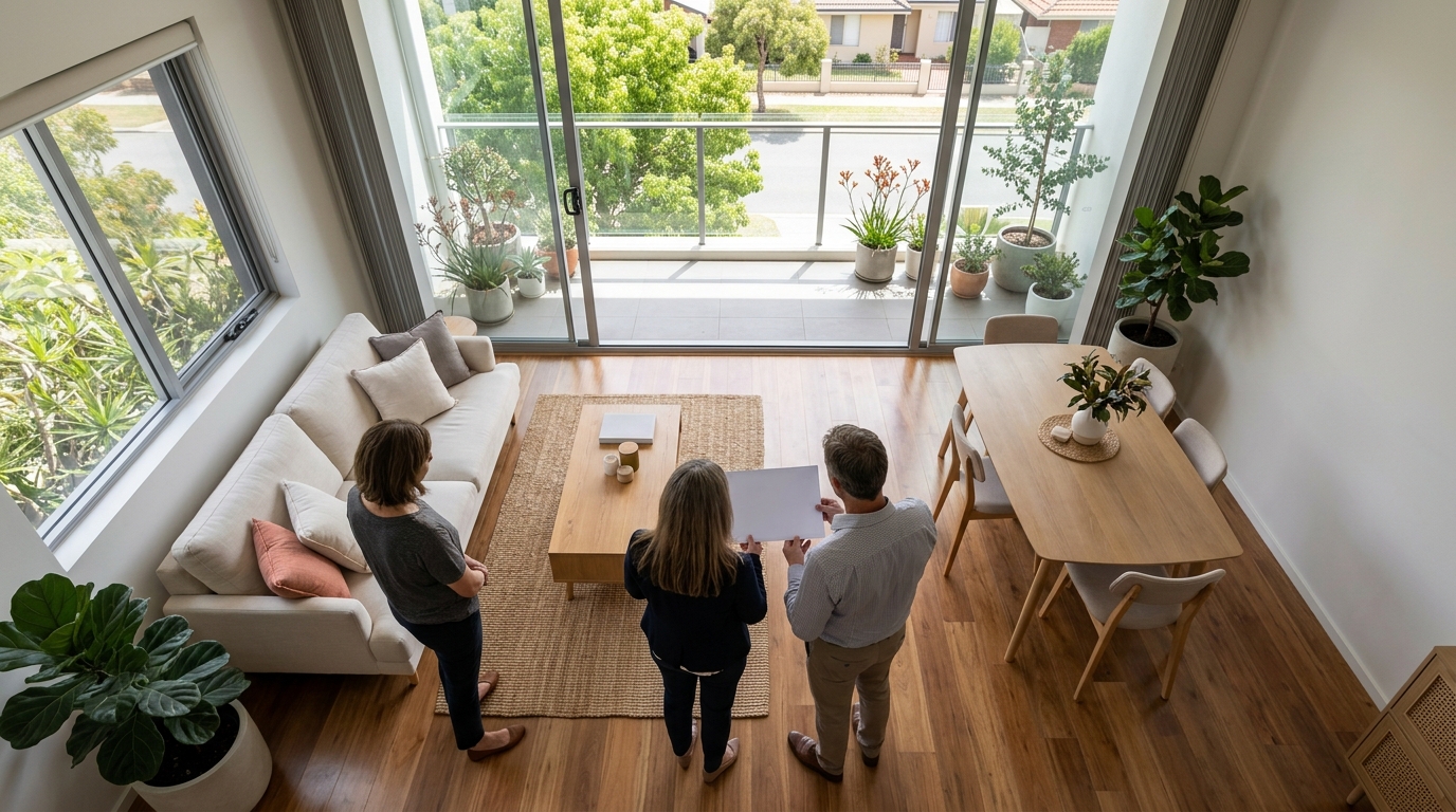 Wide 16:9 high overhead editorial view of a respectful inspection in an occupied Perth apartment. Exactly three adults stand around the living room at comfortable distance; camera looks straight down so only tops and backs of heads are visible and no face or profile can be seen. Tenant remains near their plain sofa while property professional and buyer inspect the space. No books, shelves, papers, photos, screens, signs, text or branding.