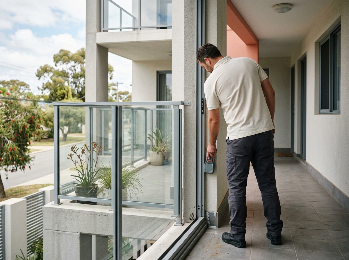 Anonymous Australian building inspector in plain unbranded clothing checking the junction between a modern apartment balcony and shared corridor, using a handheld moisture tool with its blank display turned away. Safe working posture, realistic construction details, face not identifiable.