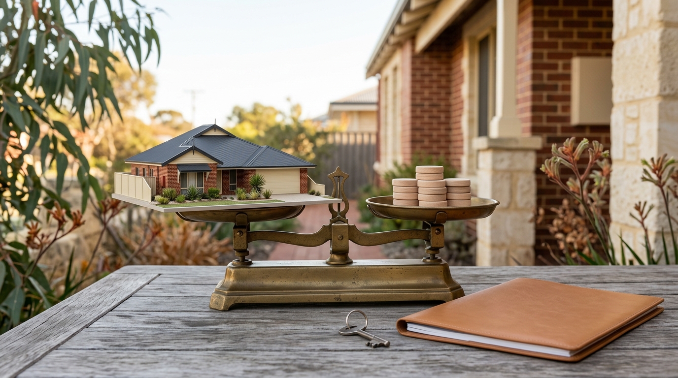 Wide 16:9 text-free still life with no people: a small realistic Perth house model rests on one side of an unmarked brass balance scale while blank wooden counters representing borrowed funds balance the other side; a completely closed plain finance folder and house key sit nearby. Clearly convey financing a home without documents, bank imagery, text, numbers, currency signs, logos or screens.