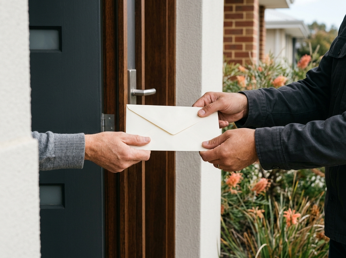 Tight waist-level editorial crop showing only two naturally proportioned pairs of hands exchanging a completely plain sealed ivory envelope at a Perth home doorway. Heads and faces are intentionally outside the composition rather than accidentally cropped. Envelope and surroundings have no marks, letters, numbers, labels, logos or signage.